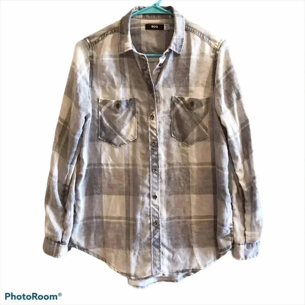 BDG Flannel Plaid Shirt Gray Ivory Women’s Size XS